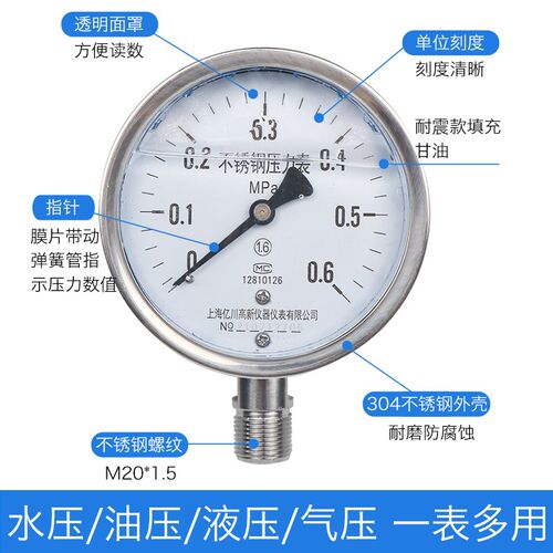 YN100BF不锈钢耐震压力表6mpa负压真空表全304外壳抗震耐高温蒸汽