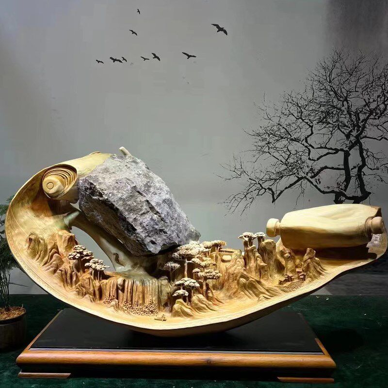 太行崖柏根雕天然根抱石江山如画金丝楠木雕刻玄关工艺品装饰摆件