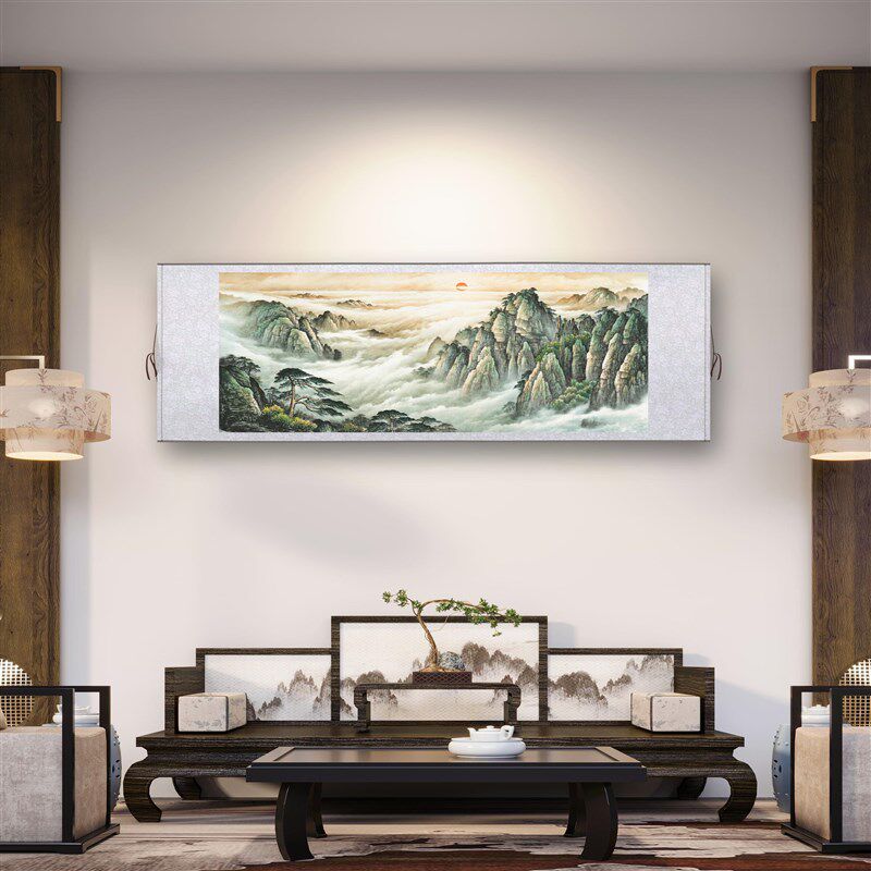 旭日东升国画挂轴 新中式客厅挂画 茶室山水装饰画