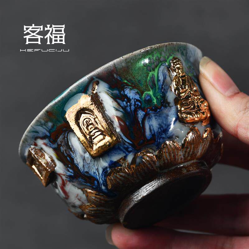 客福手捏窑变釉志野烧佛像茶杯24k鎏金手工艺品茶具单杯陶瓷茶杯