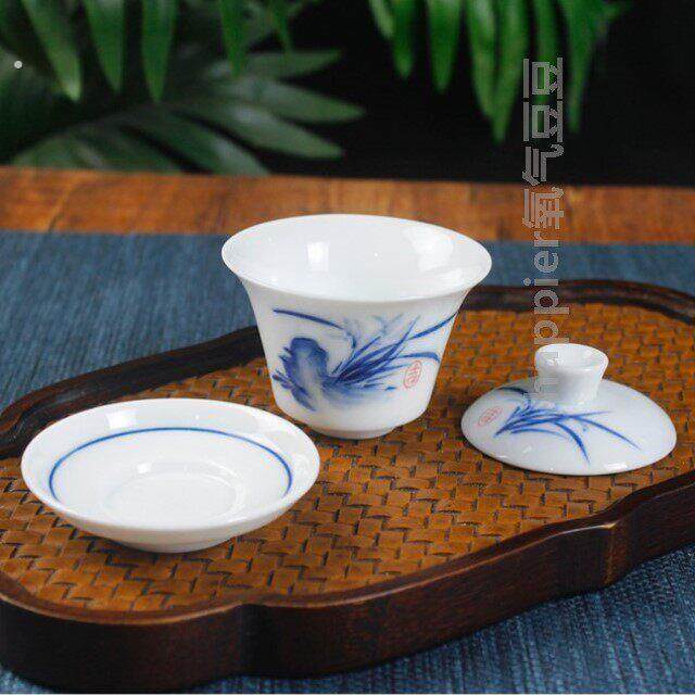 潮州传统手绘功夫茶具复古草兰迷你超小号盖碗白瓷釉下彩单人茶碗