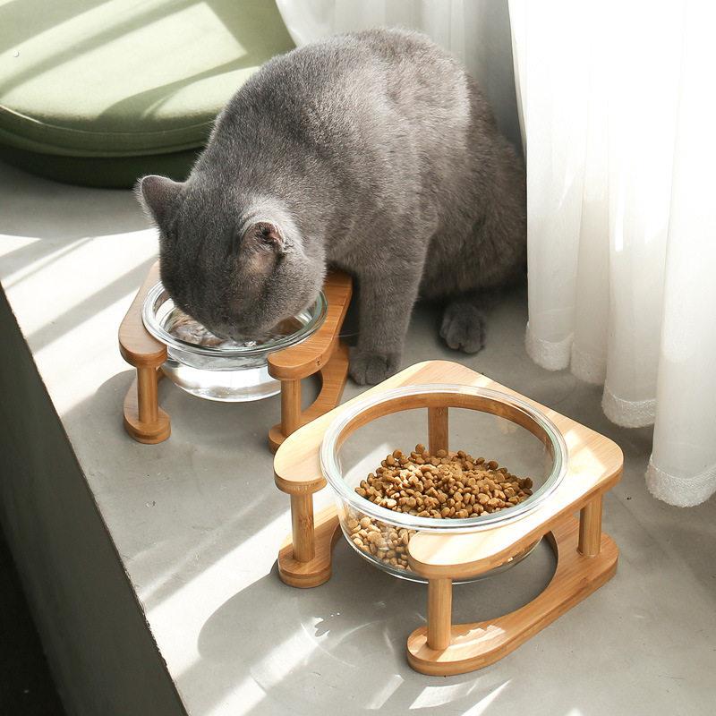 猫碗玻璃猫咪食盆狗盆狗碗护颈椎饮水碗双碗保玻璃宠物碗猫咪粮碗