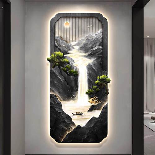 新中式流水生财玄关装饰画高级感山水画入户门迎客松走廊过道挂画