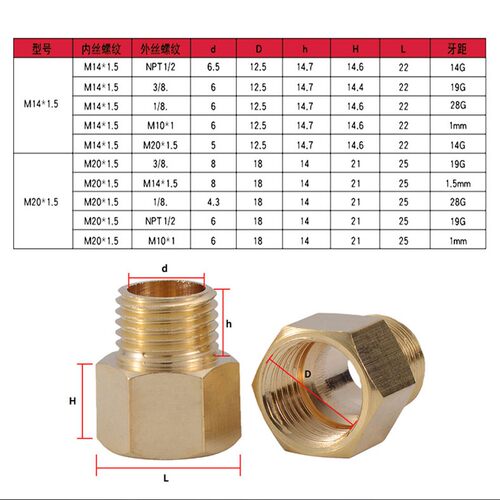 压力表转换铜接头内外丝补芯内外转化螺母 2分4分 M14 M20*1.5