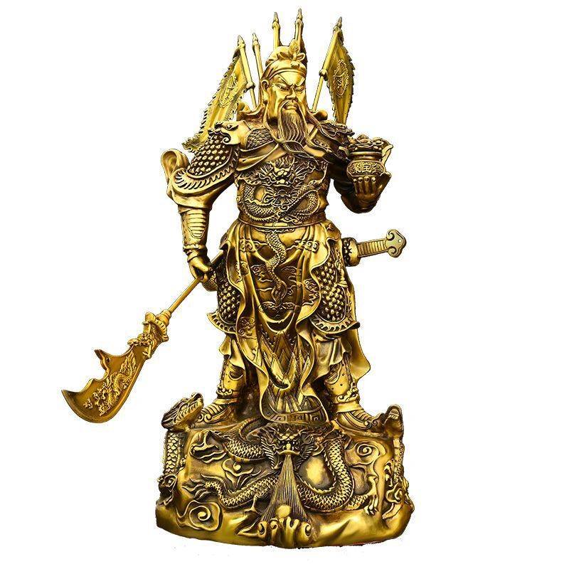 关公摆件纯铜九龙托宝关公背插五旗武财神客厅办公室供养开业礼品