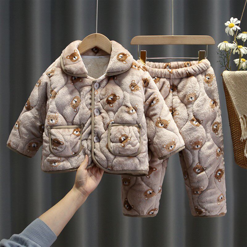 儿童法兰绒睡衣冬季宝宝三层夹棉加厚家居服套装女童加绒保暖冬装