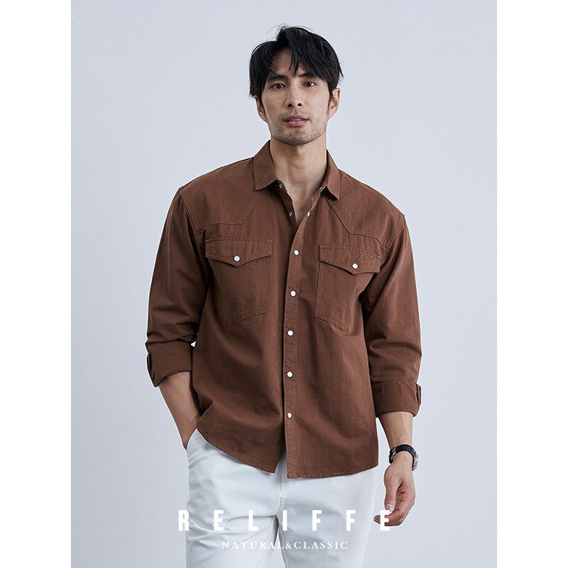 设计感男士纯棉衬衣复古按扣黑色休闲衬衫百搭商务长袖外套男潮