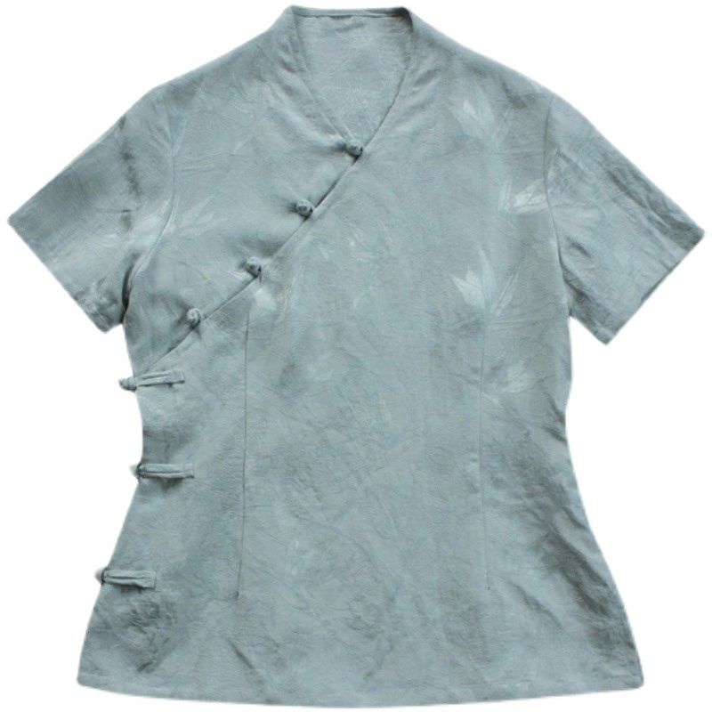 玉想清逸2中式夏季女装大码改良茶服国学服装V领盘扣修身旗袍上衣