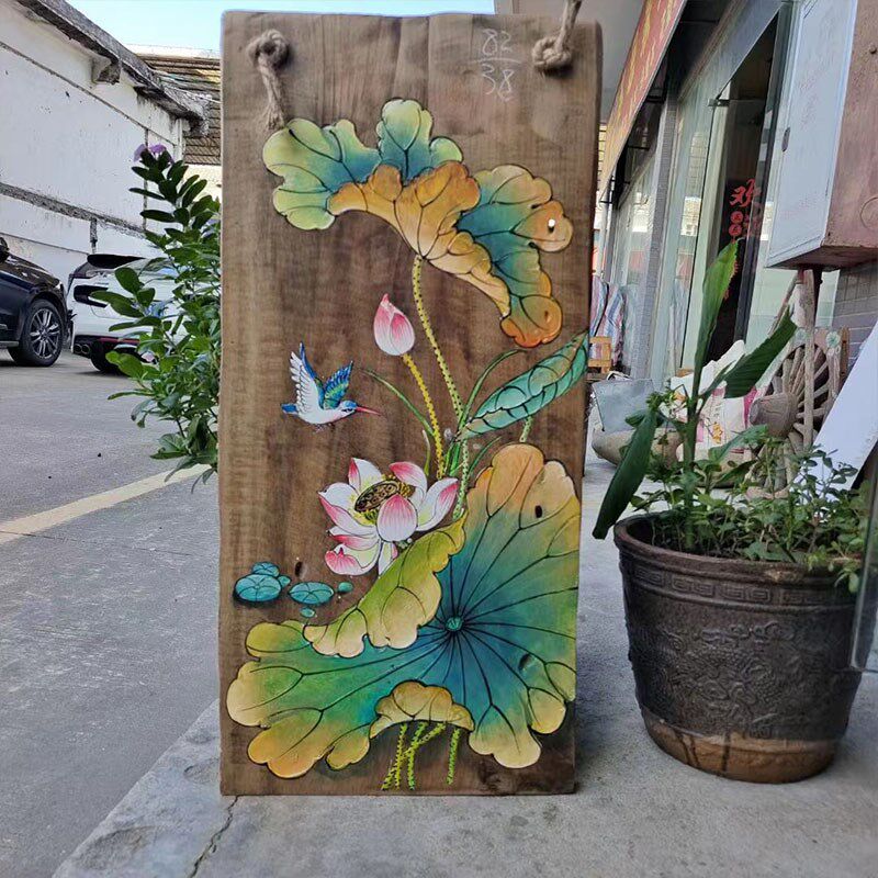 中式复古手绘木板画卧室客厅风化木装饰挂画荷花室内户外牌匾定制