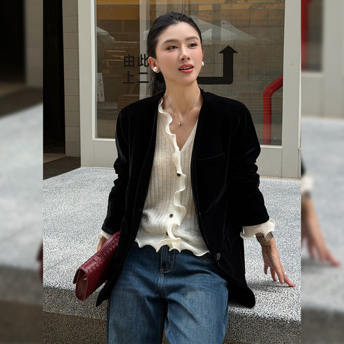 复古极简休闲廓形丝绒西装外套