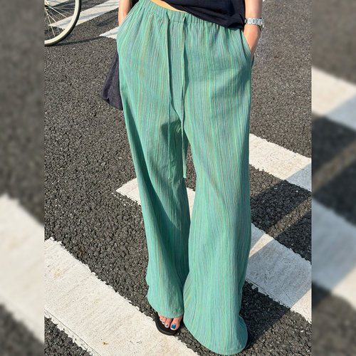 复古竖条纹休闲裤女长裤松紧显瘦