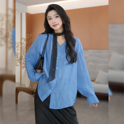 老白不白【蓝卷】V领口袋长袖衬衫女宽松前开扣休闲显瘦垂感衬衣