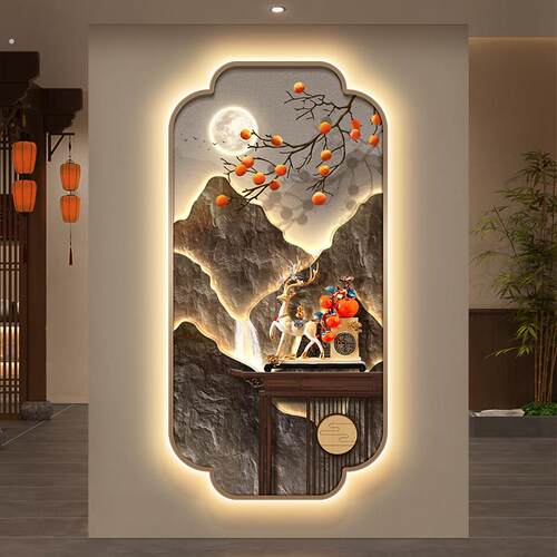 新中式玄关装饰画福鹿走廊过道挂画高级感靠山入户门灯画茶室壁画