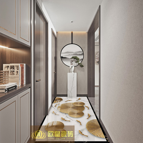 中式走廊拼花地砖800x800客厅地板砖入户玄关过道3D图案造型瓷砖