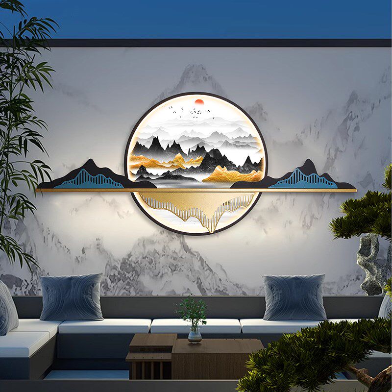 新中式壁灯户外太阳能庭院灯室外别墅景观装饰灯山水壁画影壁墙灯
