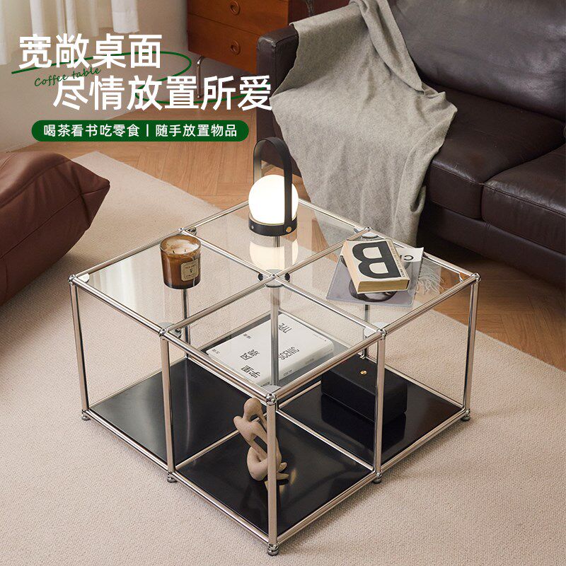 玻璃茶几小户型客厅家用轻奢创意网红中古不锈钢可移动沙发边几