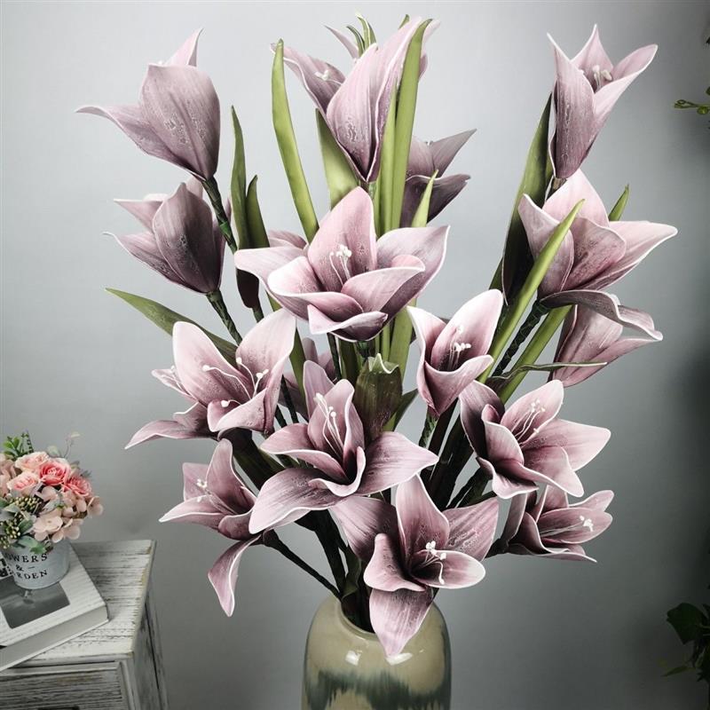 手感百合仿真百合花高档假花干花卧室欧式客厅落地摆设单支装饰花