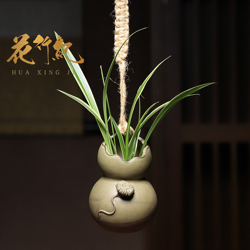 悬挂式陶瓷手工吊盆麻绳挂式垂吊装饰创意花器插花花瓶复古花盆