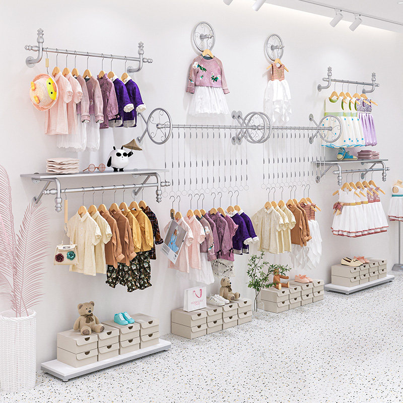 童装店展示架衣服架子上墙壁挂铁艺金色儿童货架组合服装店陈列架