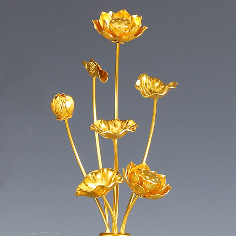 手工鎏金供佛花瓶莲花佛堂仿真花束假花鎏金荷花彩绘家居供佛摆件