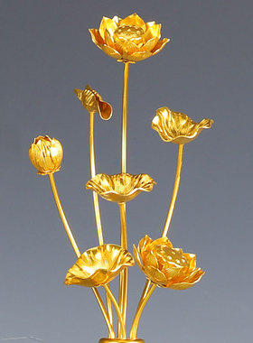 手工鎏金供佛花瓶莲花佛堂仿真花束假花鎏金荷花彩绘家居供佛摆件