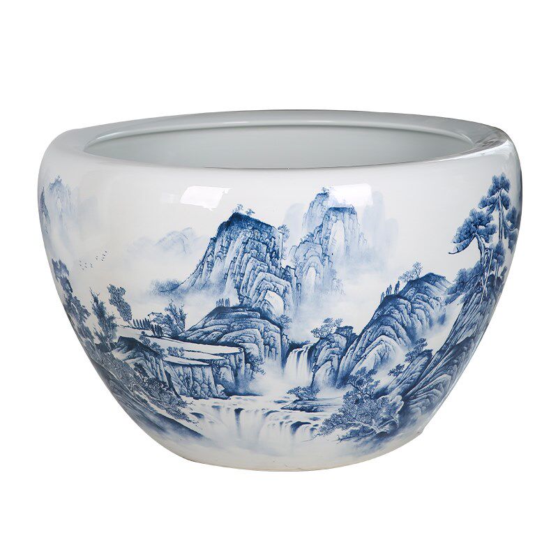 景德镇陶瓷大缸大型金鱼缸手绘青花山水缸睡莲荷花盆大号庭院造景