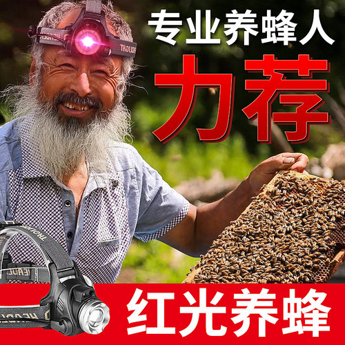 养蜂专用LED红光头灯红色强光充电远射感应头戴式超亮查蜂手电筒