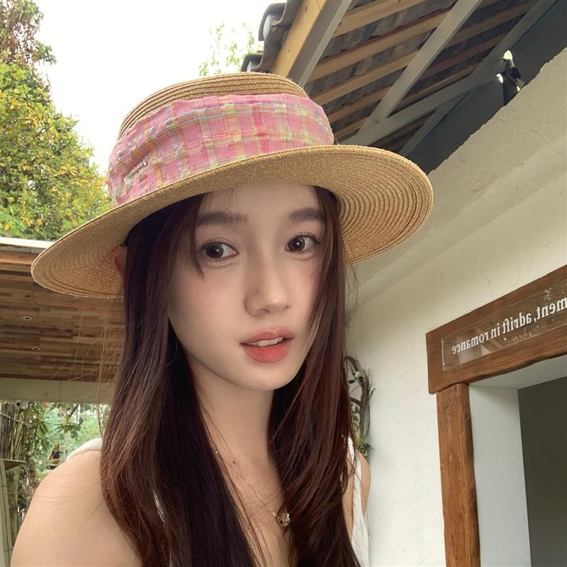 台湾纸草编织草帽女夏季法式平顶出游小礼帽格子织带遮阳帽防晒帽