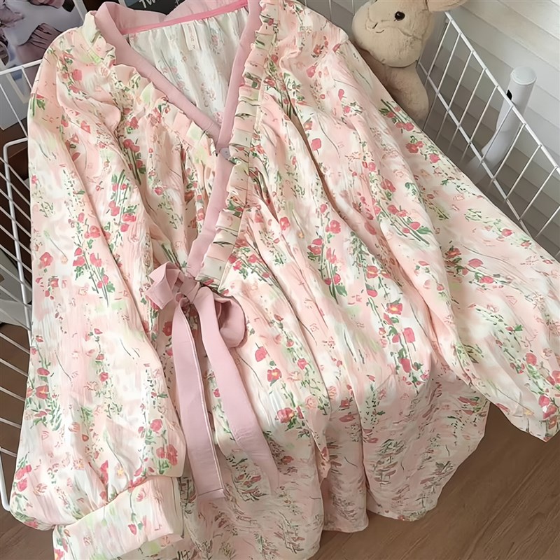 新中式睡衣女春秋季2025新款长袖碎花睡袍国风睡裙浴袍家居服外穿