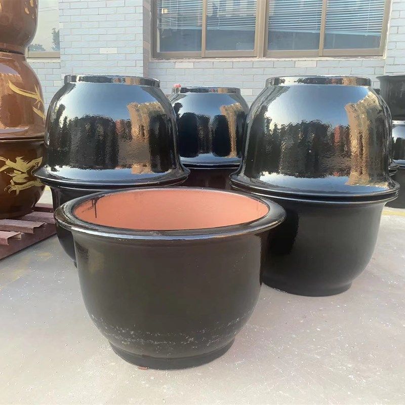 宜兴特大号陶瓷大花盆黑釉龙缸铁树茶树发财树绿植种菜盆紫砂花盆