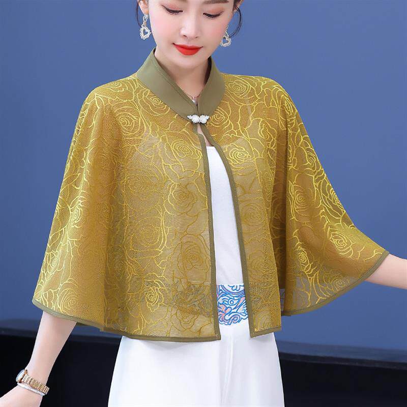 中式旗袍披肩女外搭夏薄款配裙子蕾丝斗篷小坎肩黑色云肩防晒披风