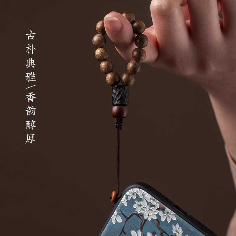 天然沉香木圆珠子手机挂绳短款手腕绳男女手机链佛珠吊坠防丢挂饰