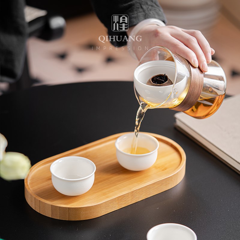 转转逍遥防烫玻璃壶自动茶水分离冲泡器带盘旅行功夫茶具套装定制