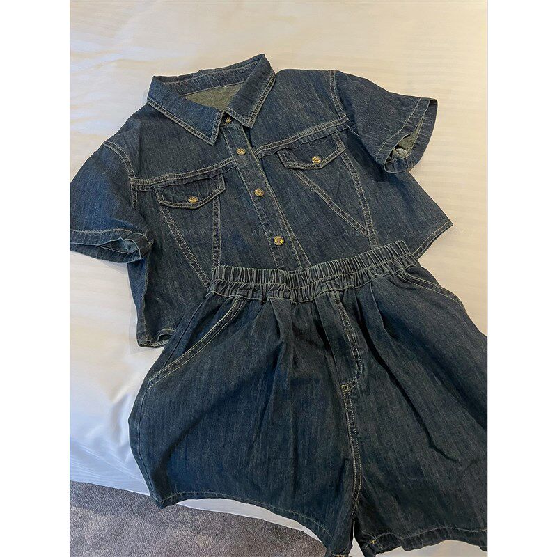 爱情魔鬼鱼 深蓝色牛仔两件套女2024年夏季新款短袖上衣+短裤套装