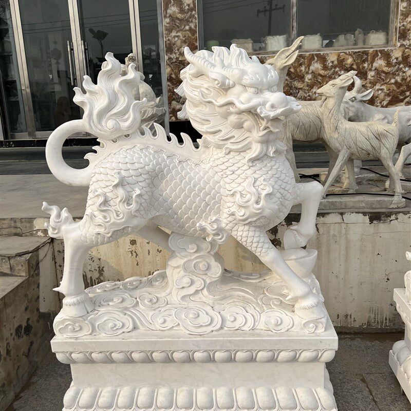 石雕麒麟一对汉白玉精雕石麒麟招财镇宅酒店公司家用门口摆件貔貅