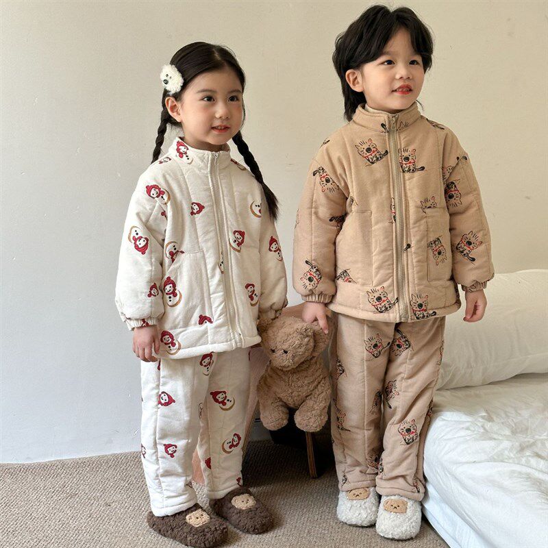 男童女童睡衣宝宝加绒加厚居家服儿童冬季卡通三层夹棉家居服套装