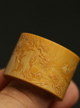 老玉竹精工纯手工留青浅浮雕山水文人扳指竹雕把件把玩竹器工艺品