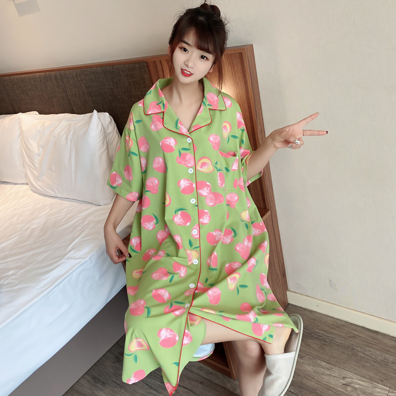 水蜜桃开衫针织棉短袖睡裙女夏可爱甜美大码胖mm200斤孕妇家居服
