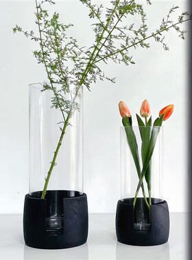 侘寂风黑色碳化木水培花瓶别墅家居摆件鱼缸桌面装饰木质工艺花桶