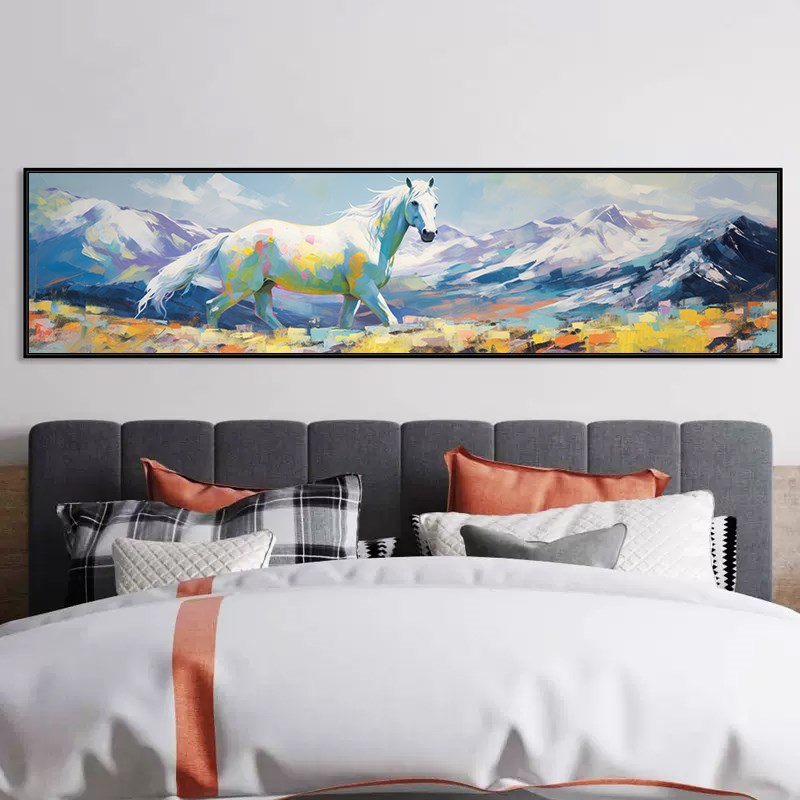奔跑白骏马卧室床头装饰画马到成功办公室背景画酒店宾馆房间挂画