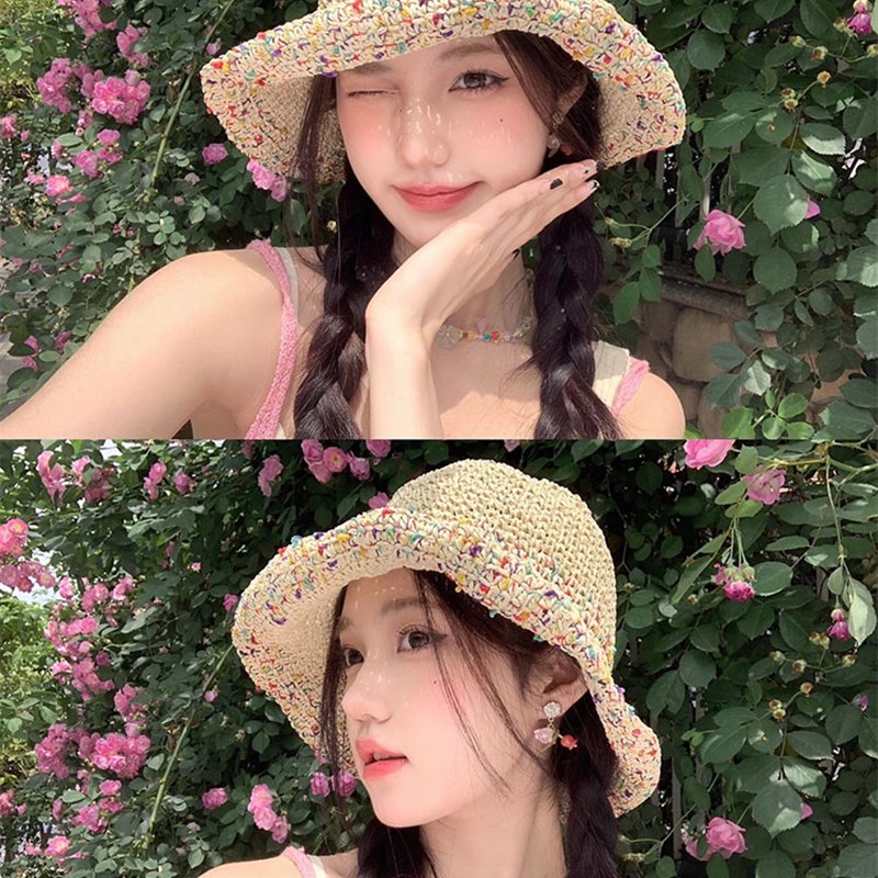 草编渔夫帽假发女夏季麻花辫韩版显脸小大帽檐透气自然彩色遮阳帽