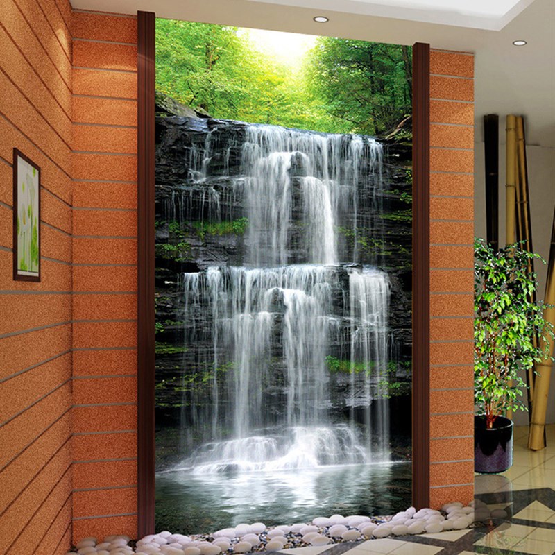 定制流水生财中式山水风景3D墙纸过道走廊玄关无缝壁纸壁画8d墙布