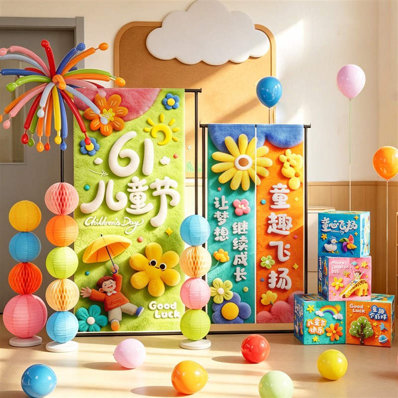 六一儿童节日布置幼儿园教室装饰挂布条幅立柱摆件61活动拍照道具