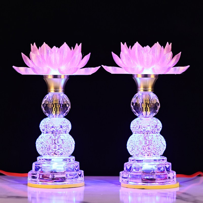 LED水晶玻璃莲花灯七彩佛前供灯佛台观音佛灯财神佛堂照明灯电
