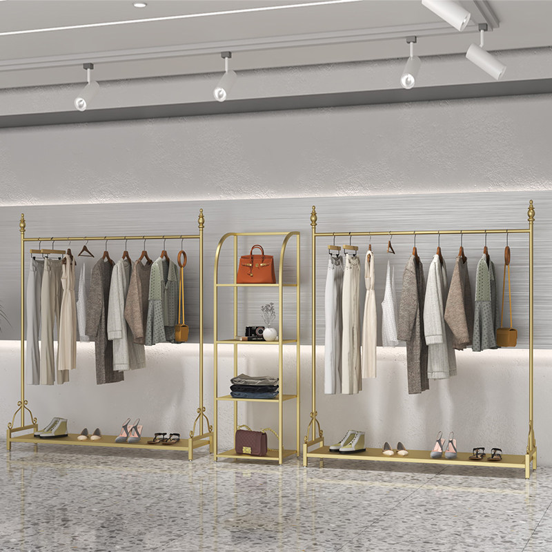 轻奢简约金色铁艺服装店展示架加粗黑色男女装店落地式挂衣架陈列
