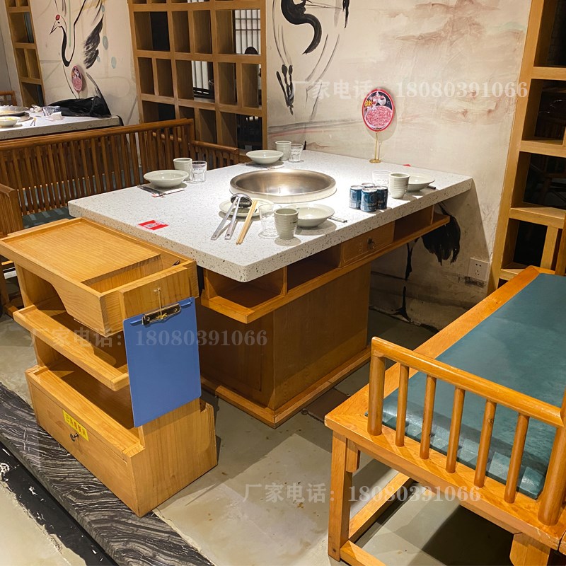大理石火锅桌用定制电磁炉一体液化灶实木火锅桌组合套件无烟商用