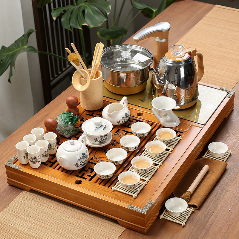 家用茶盘套装带全自动电茶炉陶瓷紫砂玻璃茶具整套实木一体茶水台