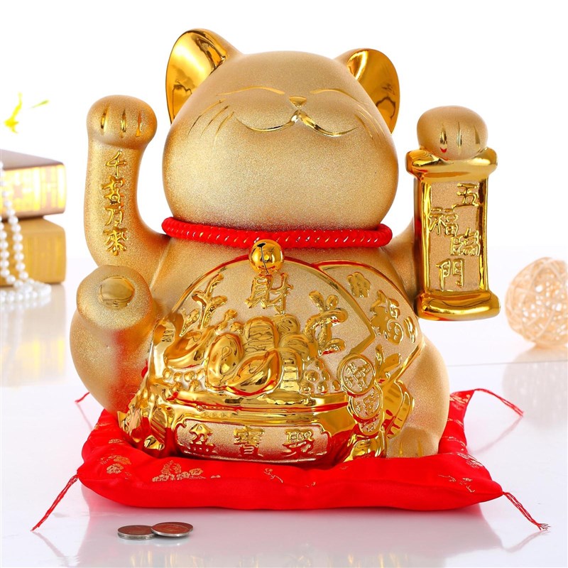 金色招财猫摆件小号大号陶瓷扑满储蓄罐摇手开业收银台装饰发财猫