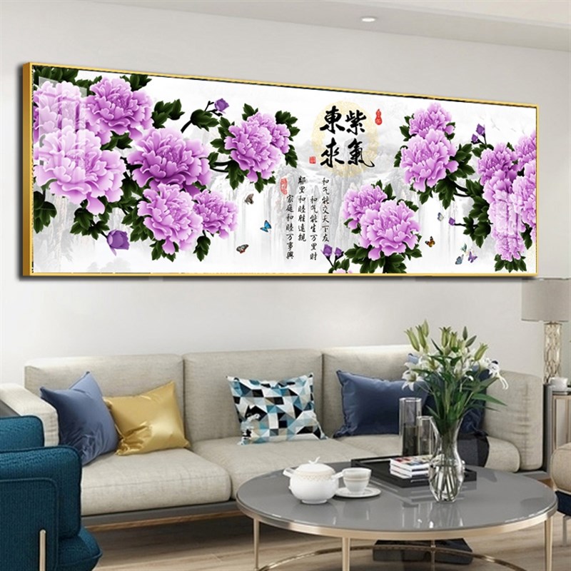 中式风格手工晶瓷镶钻牡丹花画 新中式烤瓷水晶装饰画 客厅沙发背