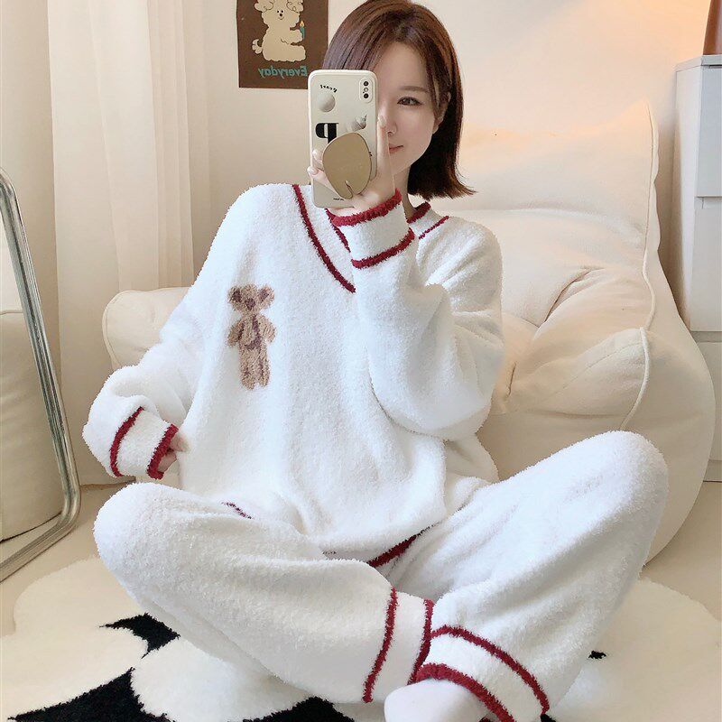 冬季加绒加厚长袖睡衣半边绒套装女2025新款卡通熊V领家居服冬款